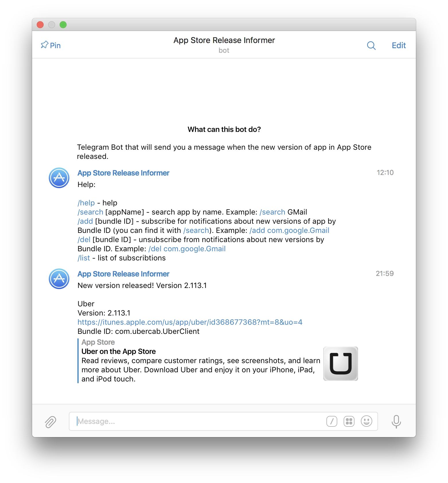 Бот для Telegram App Store Release Informer